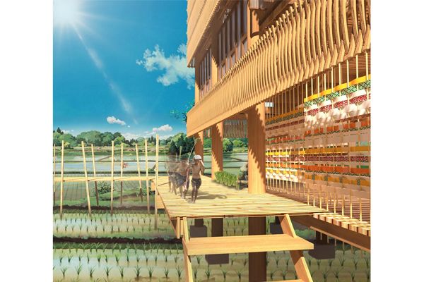 Integrated space for the farmer’s rice field and village, with a façade made by traditional weaving. Awarded the ‘Best Sustai
