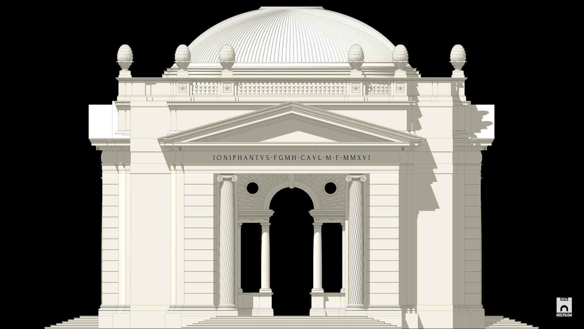 White neoclassical building with a dome, columns, and an inscription.