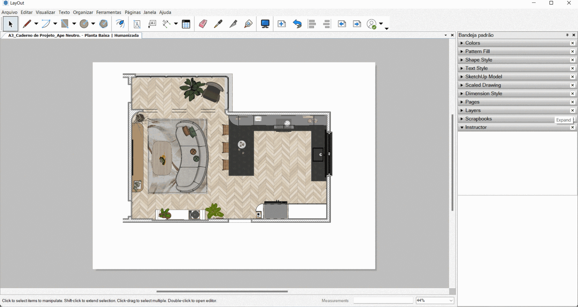 Technical floor plan of integrated living room and kitchen.