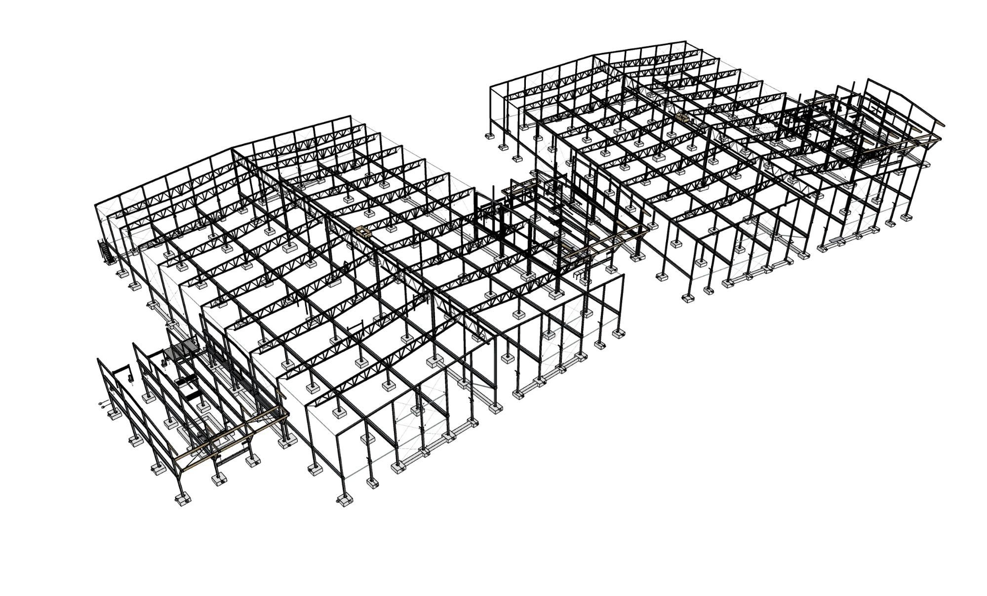 A 3D model shows the steel frame of a large, modern building with curved roofs.