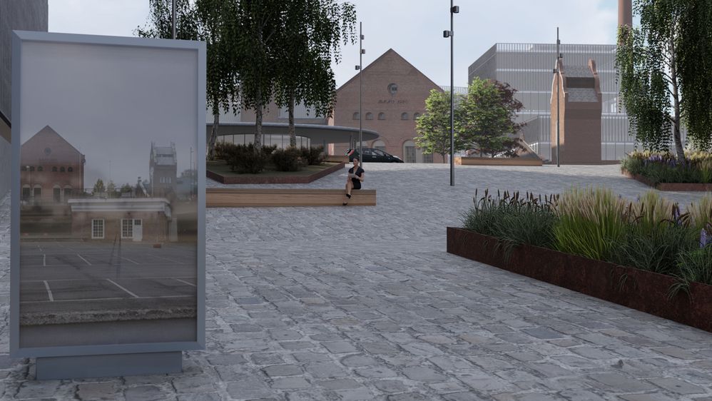 Old and new. SketchUp geometry is merged with Lumion speedtree vegetation. A poster was modeled in SketchUp showing a picture