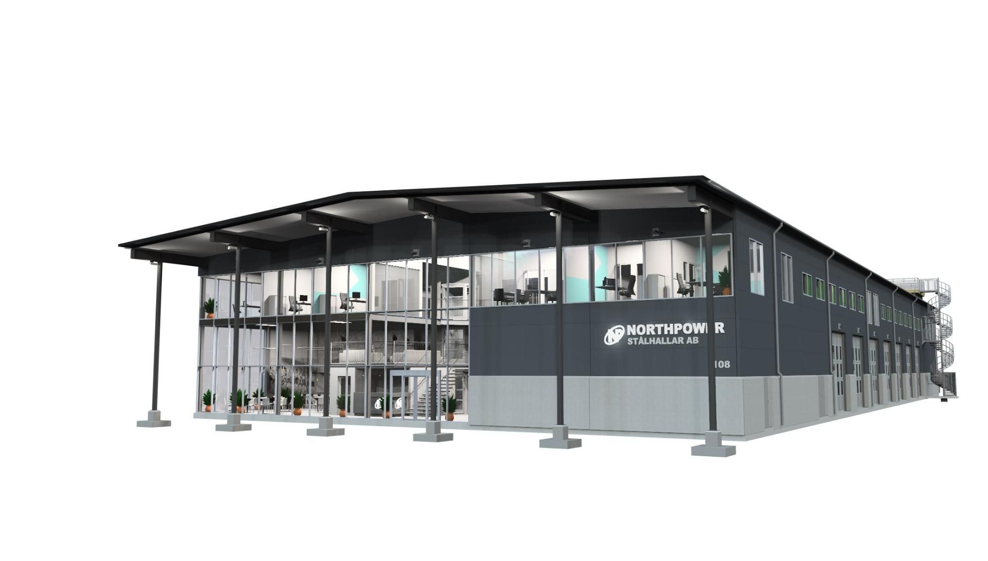 A modern office building with large windows, a dark gray facade, and the Northpower logo.