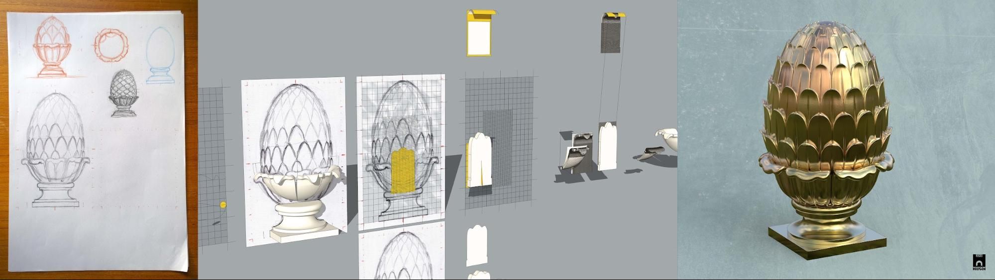 3D rendering of a golden acorn finial, progressing from sketches to digital modeling.