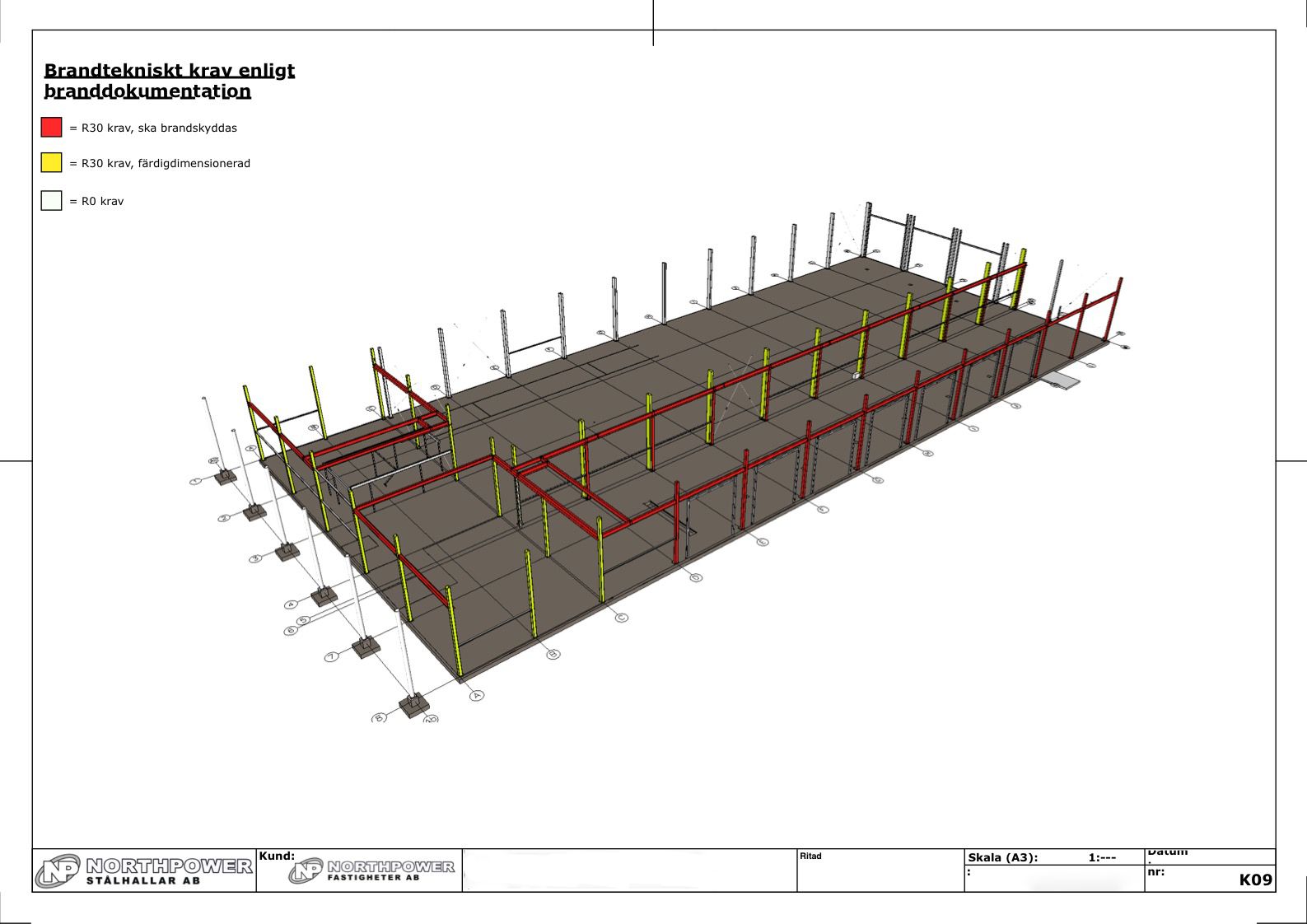 3D model of a construction project showing fire-rated walls and support beams.