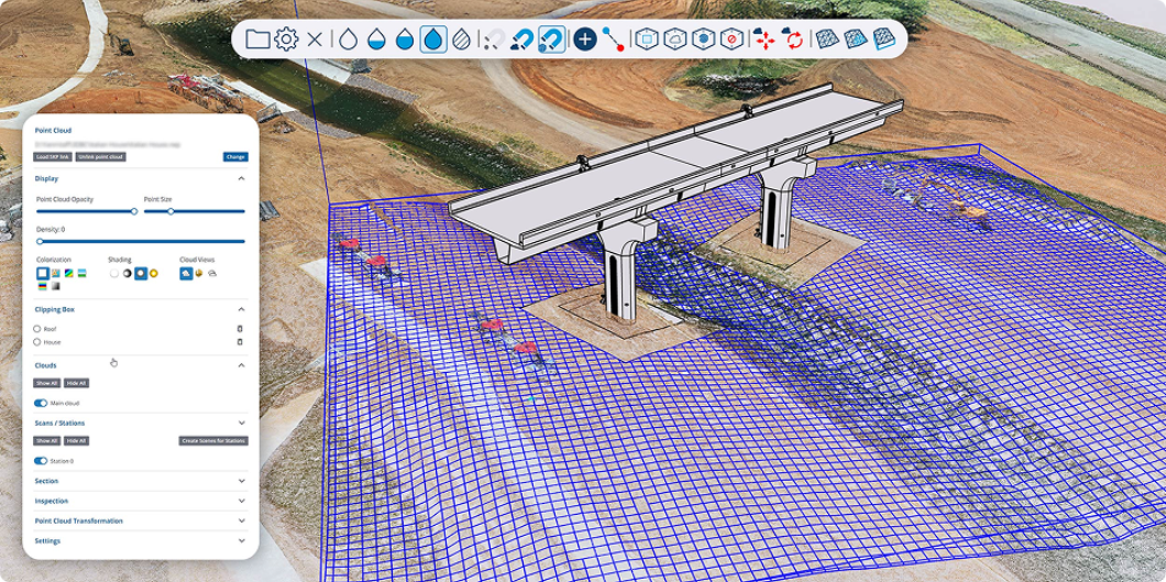 3D bridge model overlaid on point cloud grid in construction site viewer with settings panel.
