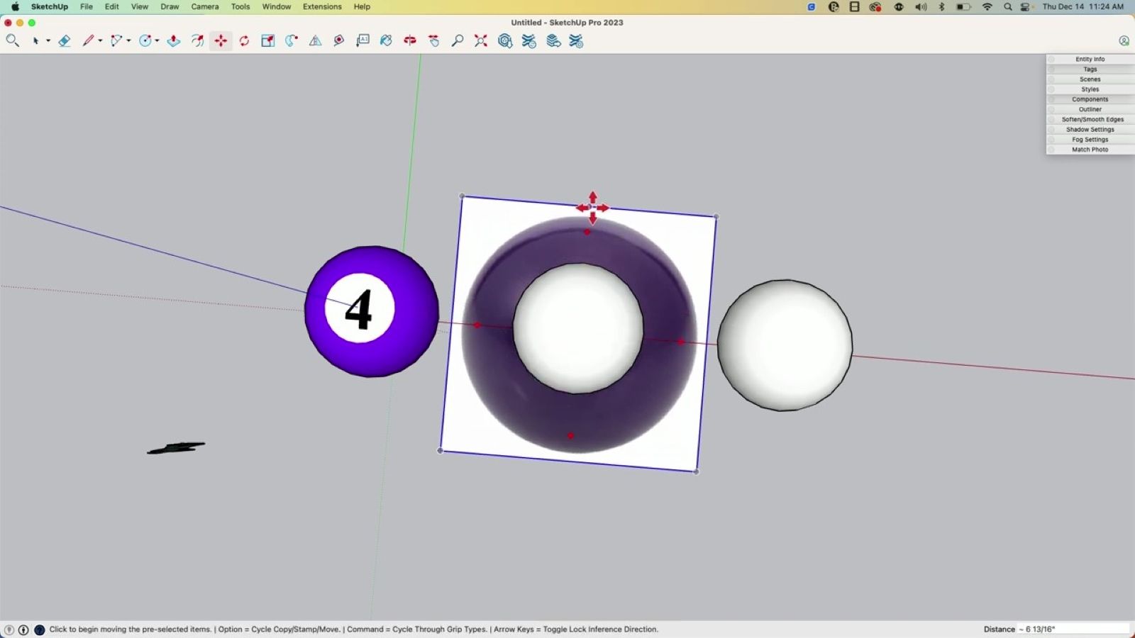 Screenshot of SketchUp UI showing a purple pool ball, a photo of a purple pool ball, and a white sphere.