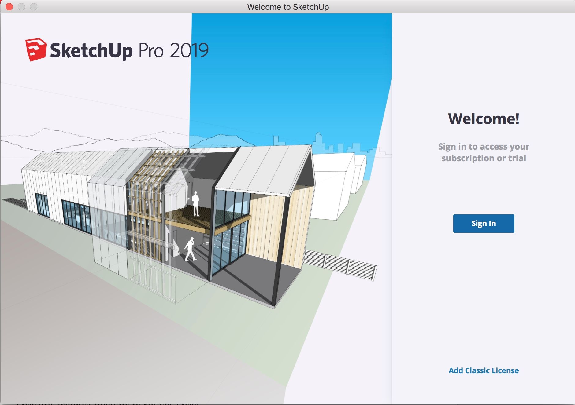 SketchUp Pro 2019 welcome screen with a 3D architectural model of a house.