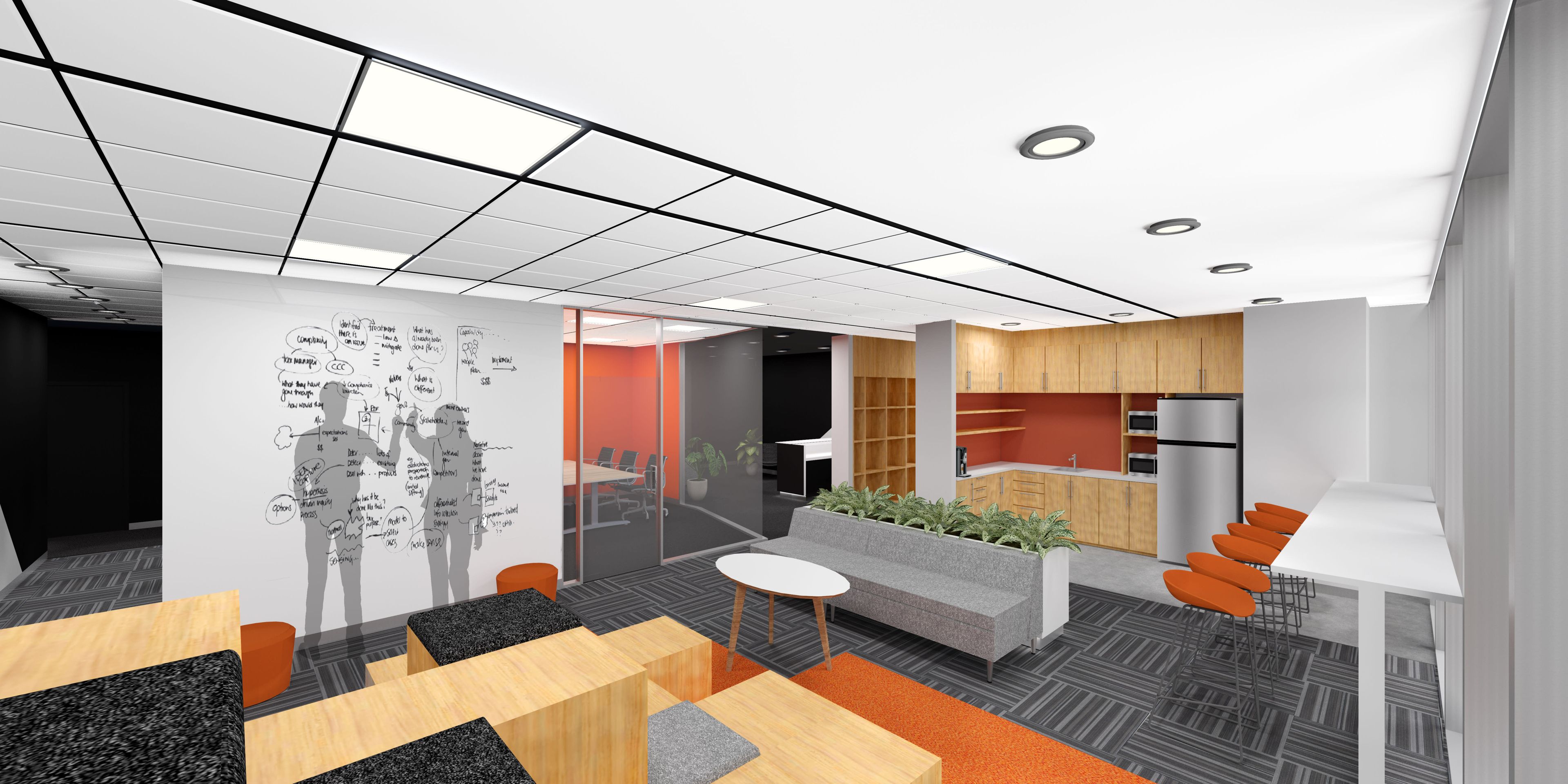 Render created in SketchUp showing an open plan office space with a kitchenette, lounge, and brainstorm board on one wall.