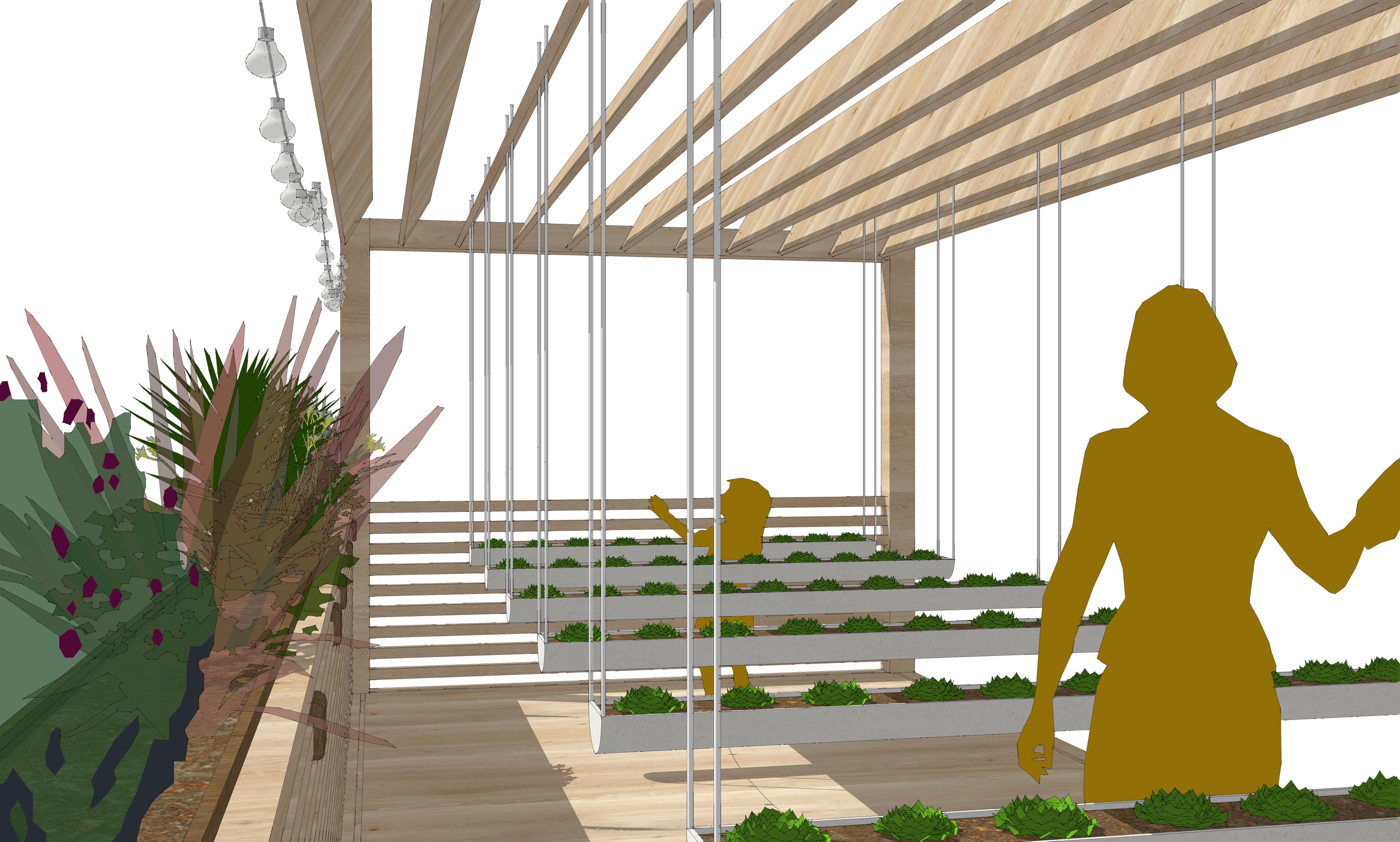 SketchUp model of the rooftop garden with wooden roof panels that are open to let sunlight in.