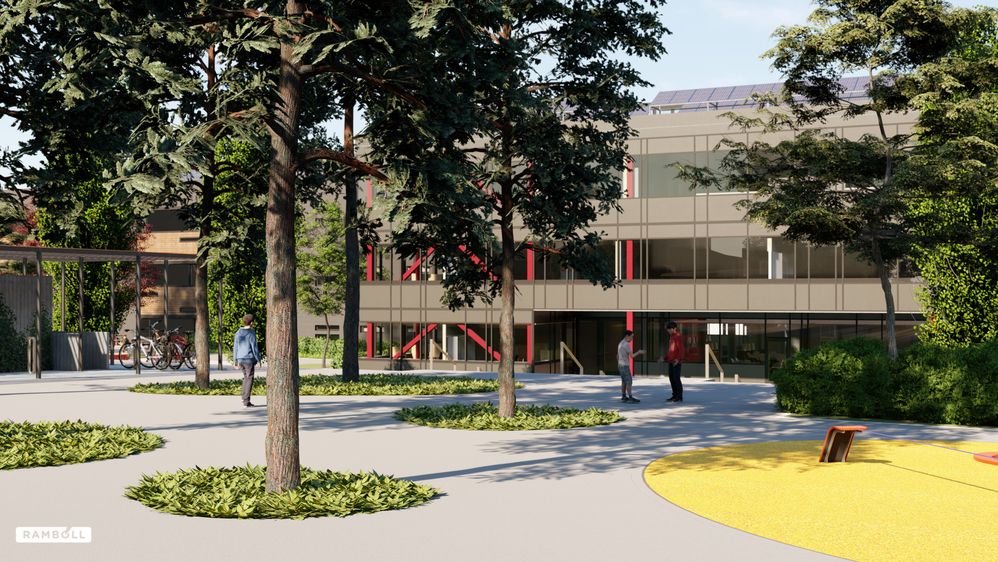A SketchUp model of Veiavangen Middle School rendered in Lumion. An all-Rambøll project where several BIM models from differe