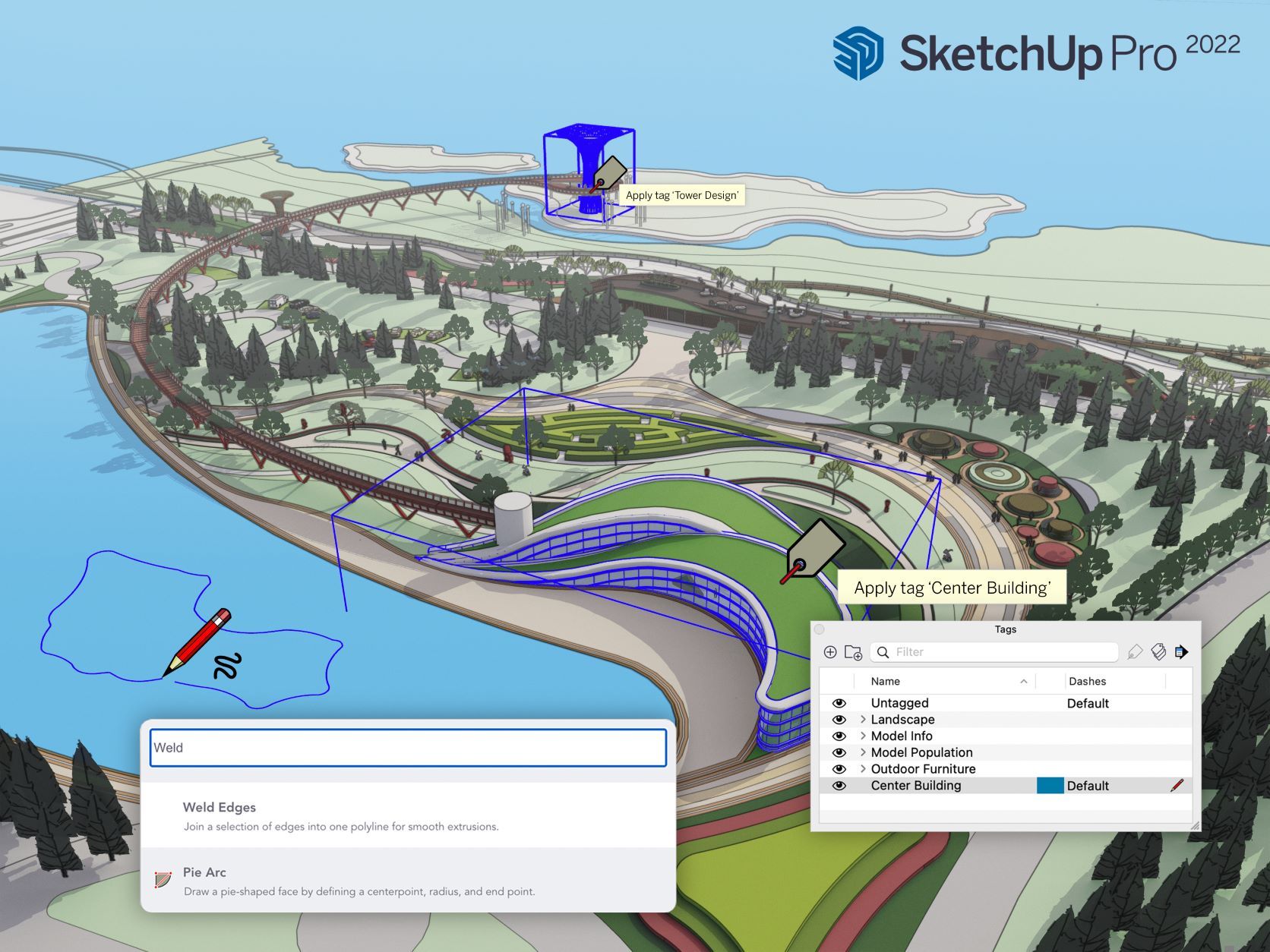 Image of model in SketchUp UI with new tools and features from the 2022 release