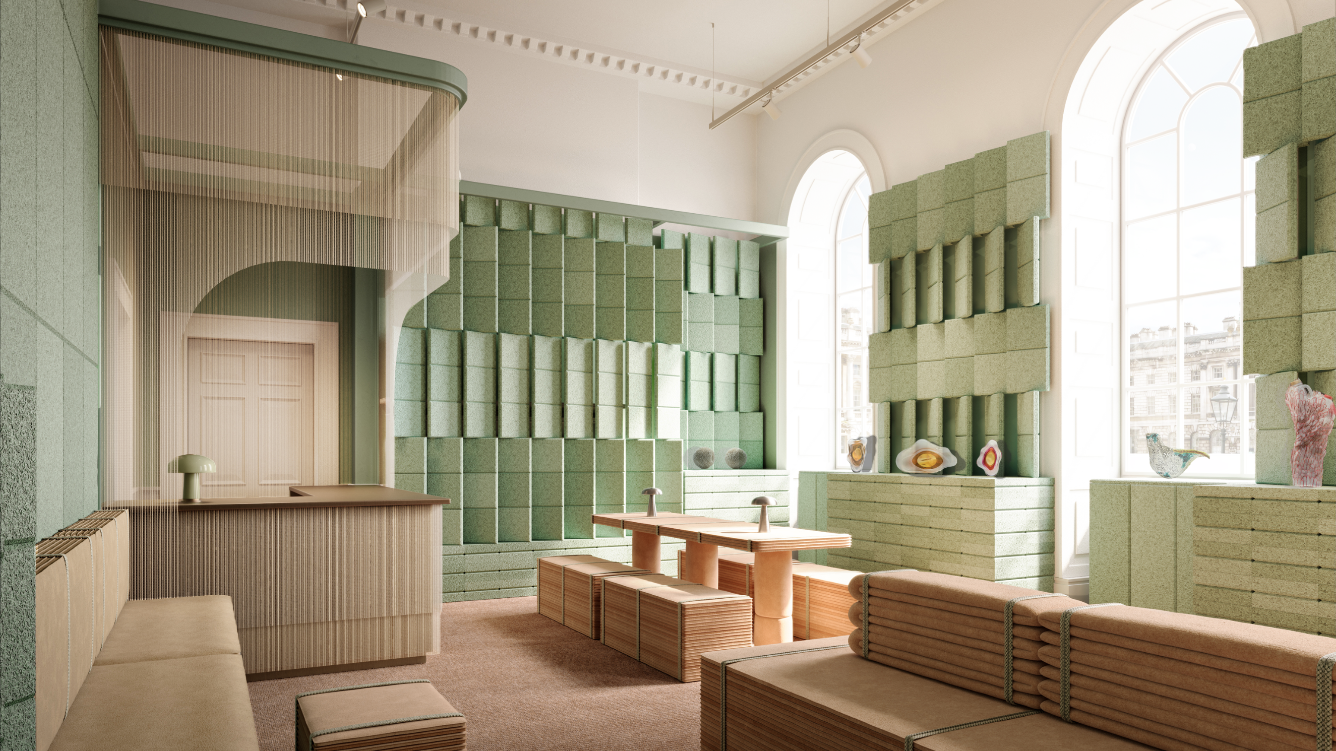 Render shows wooden tables and seating and green shelving with art pieces displayed on them.