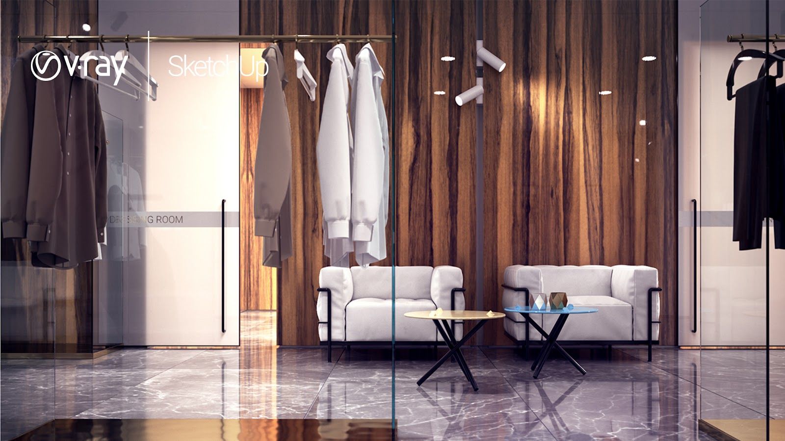 Innenraum in SketchUp modelliert und mit V-Ray für SketchUp gerendert