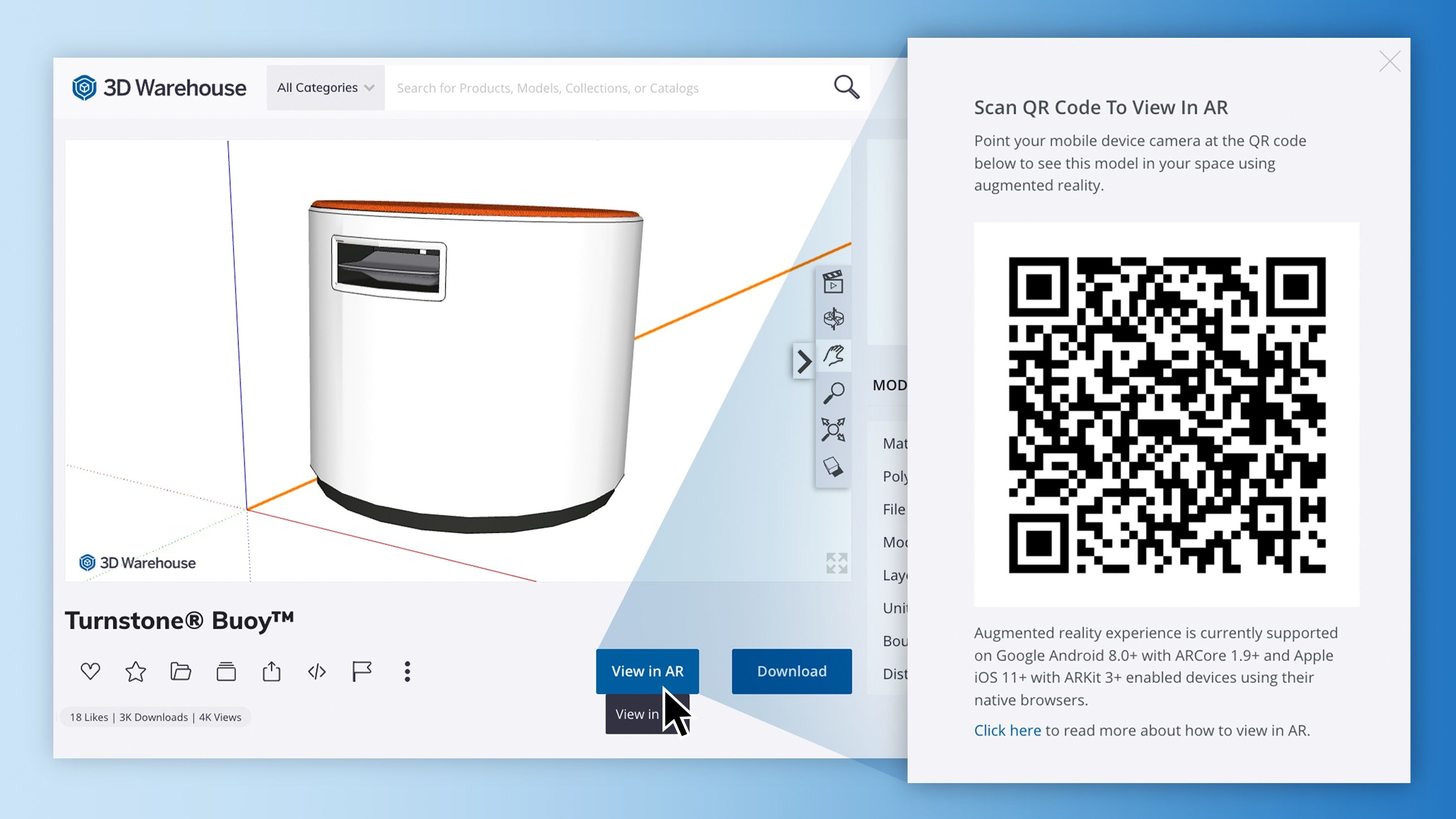 3D Warehouse object next to scannable QR code