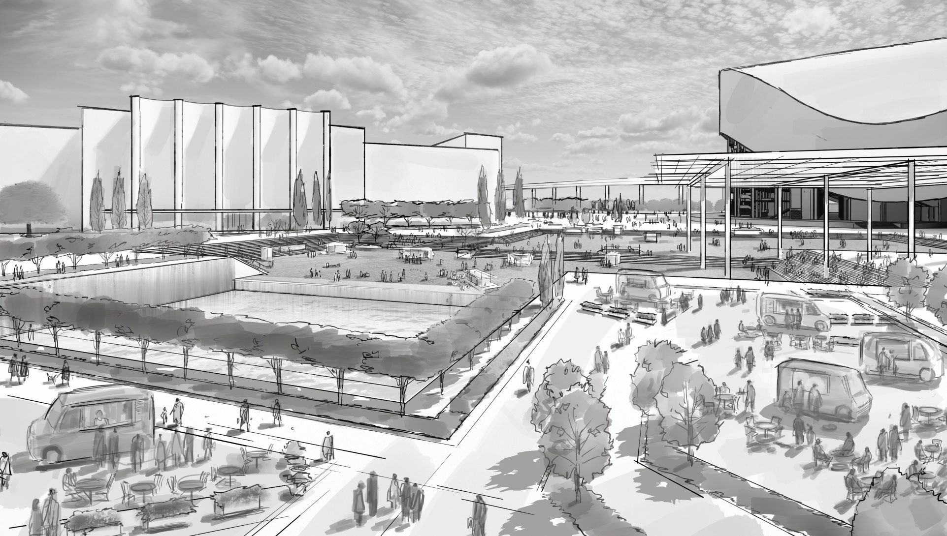 Black and white watercolor-styled rendering by James Akers (created using SketchUp for iPad and Procreate).