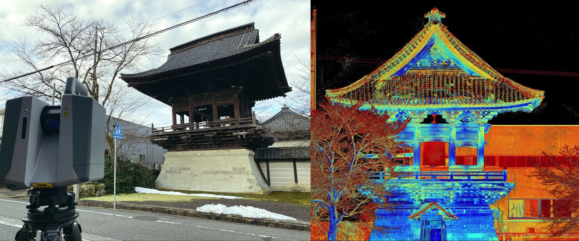 毫攝寺(福井)の鐘楼(左)とスキャンデータ