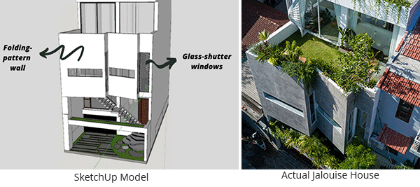 SketchUp model of the Jalouise house, featuring its unique folding-pattern wall and glass-shutter window in comparison to rea