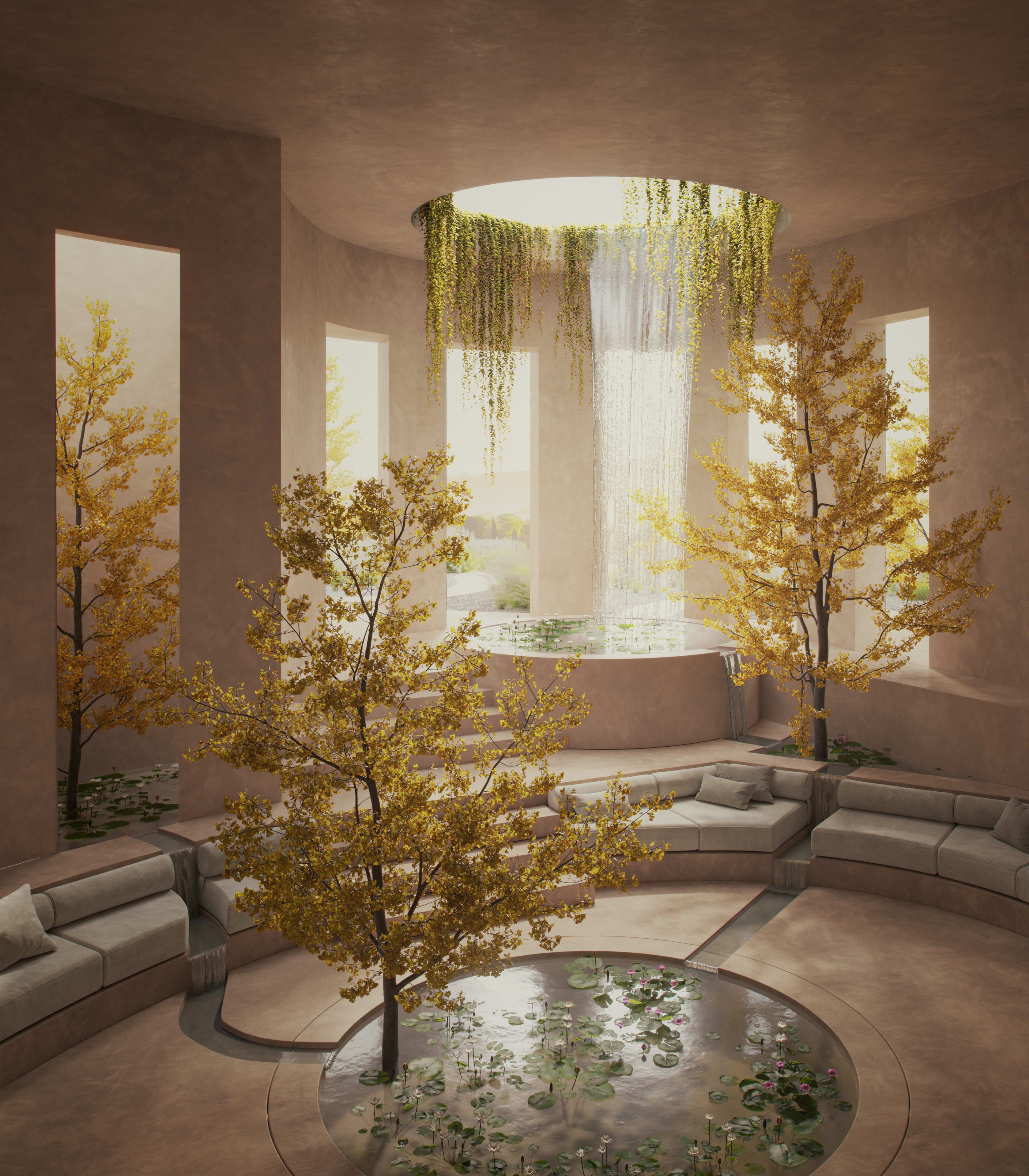 Design d'intérieur d'une salle intégrant des éléments de la nature : trois arbres sont plantés dans la pièce et poussent au m