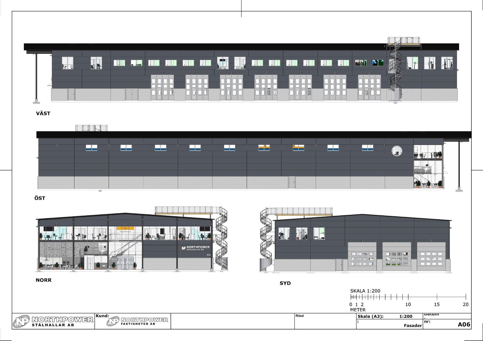 Architectural drawings of a modern industrial building, showing elevations from west, east, north, and south.