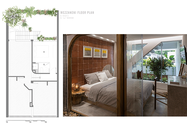 The mezzanine floorplan, features an immersive garden experience in the bedroom, with traditional-like wall tiles harmonized