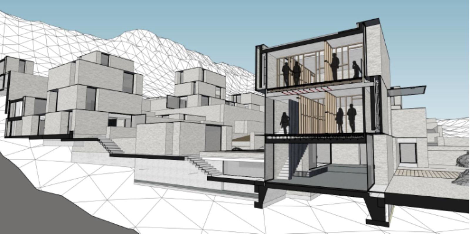 Architectural rendering showing a modern house built into a hillside with a cross-section view.