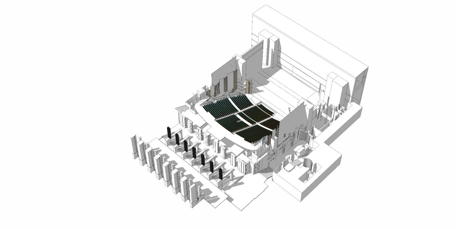 SketchUp view with shadows of the Chaillot National Dance Theater performance space. Image courtesy of Clé Millet.