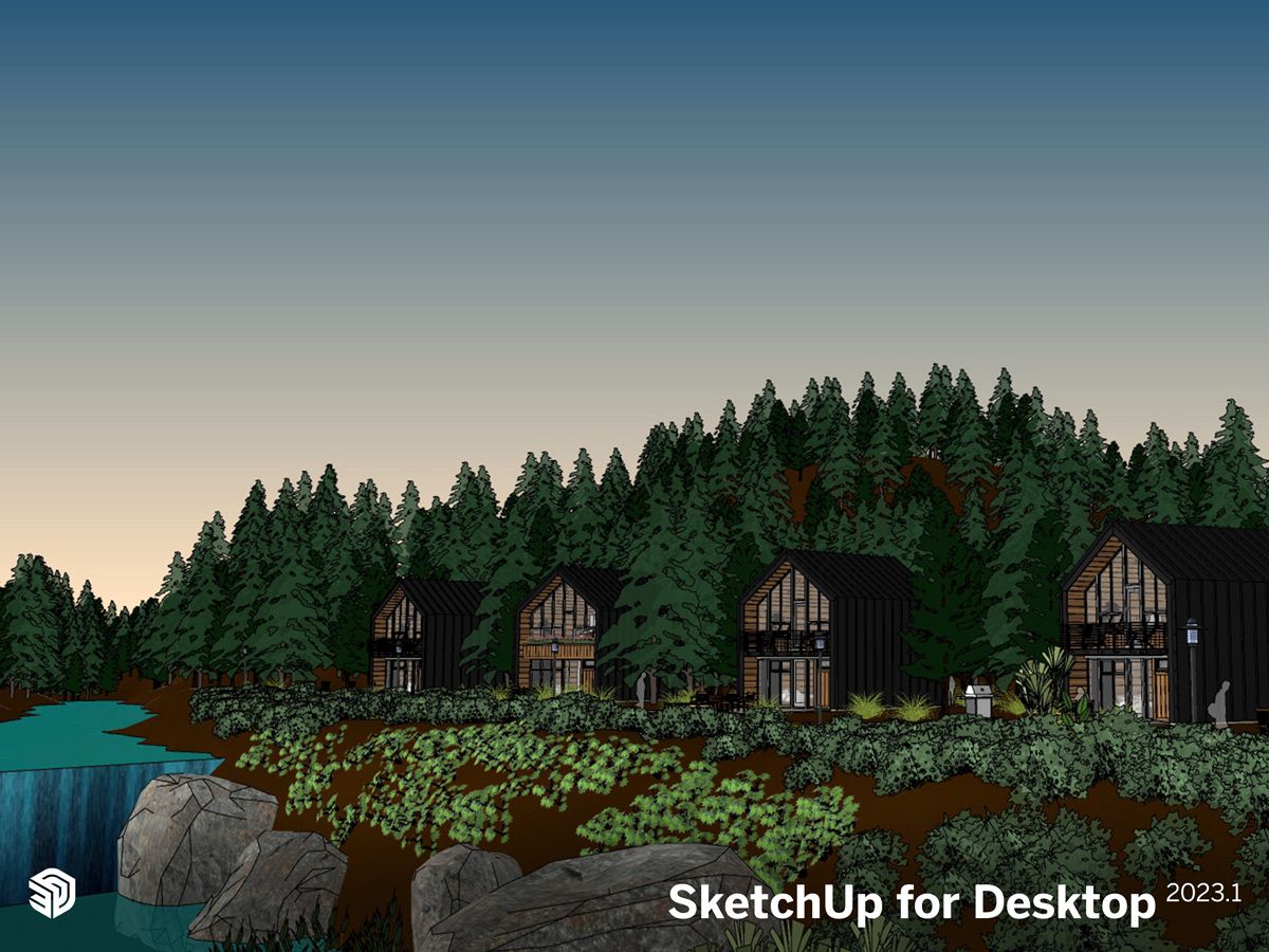 Detailed model of cabins in a woodsy scene with a waterfall nearby with new Horizon Color from SketchUp for Desktop 2023.1