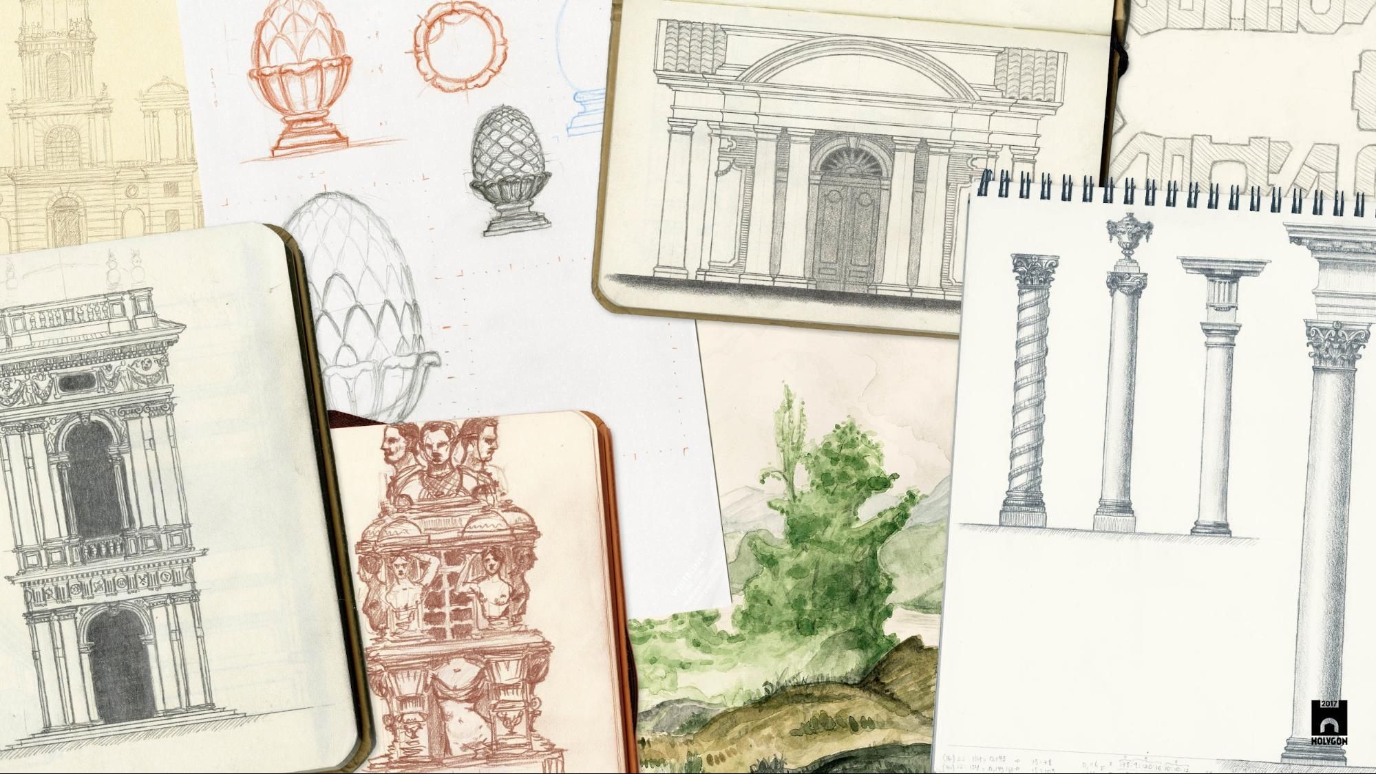 Sketches of classical architectural elements, including columns and facades.