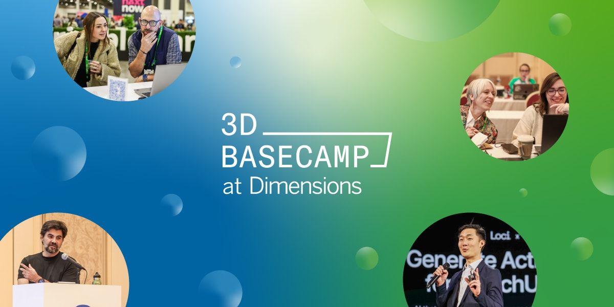 3D Basecamp 会議に参加した人々の写真。緑と青の背景にバブルデザイン