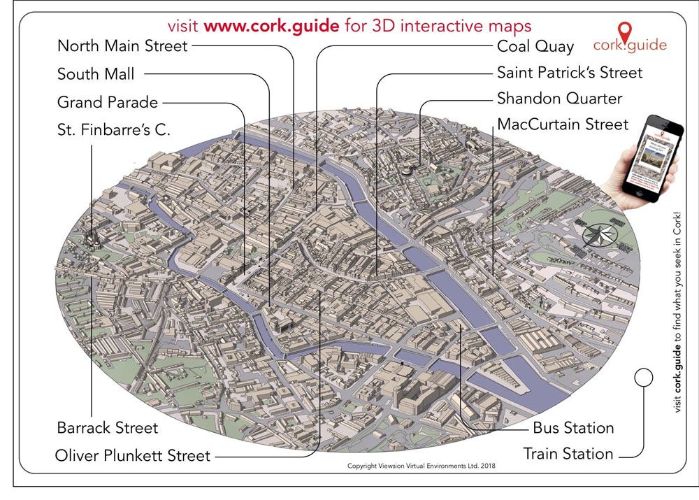 full map of Cork, Ireland created using a 3D model built in SketchUp