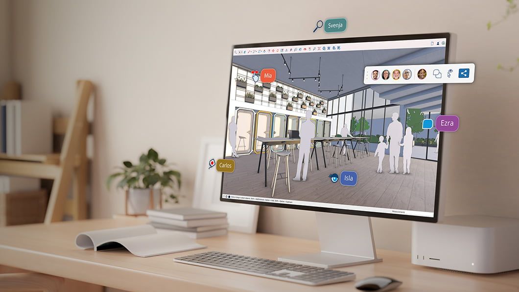 A computer monitor displaying a SketchUp 3D interior design model with collaborative user cursors and colored name-labeled tags.