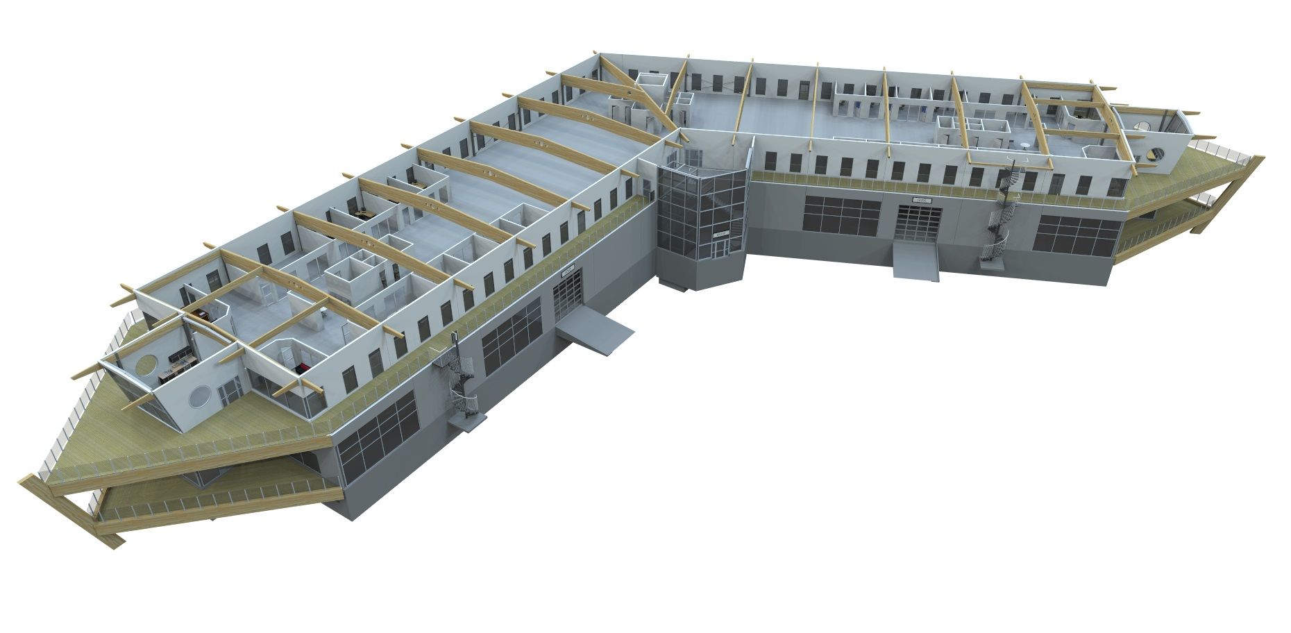 3D model of a building under construction, showing interior walls and exposed roof beams.