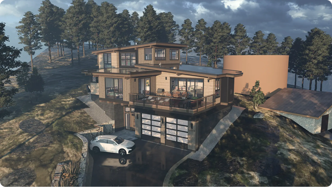 3D rendering of a modern hillside home with wood and glass design surrounded by pine trees.
