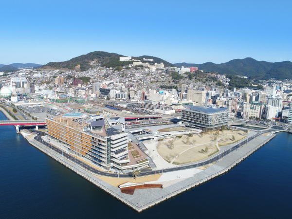 A panoramic, real-life image of the 2019 Good Design Award “Special Award” title winner, showcasing the new Government Buildi