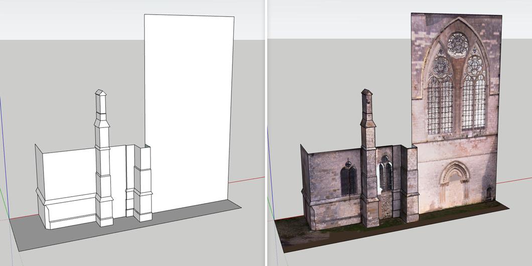 Lado a lado do modelo da fachada de uma igreja, com um modelo básico e um modelo usando o novo recurso Projeção de textura.