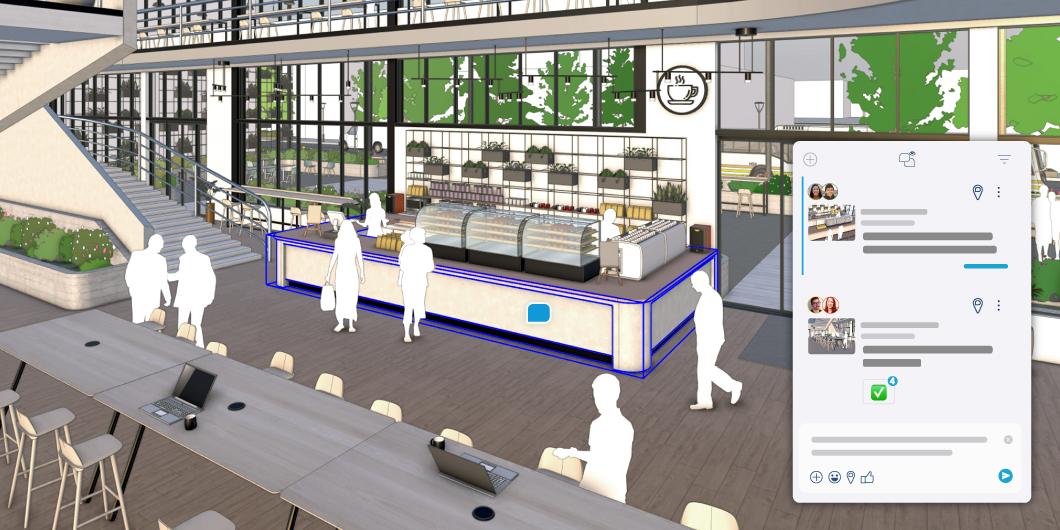 Captura de tela de um modelo do SketchUp destacando o novo recurso de comentários no aplicativo com um painel de comentários.