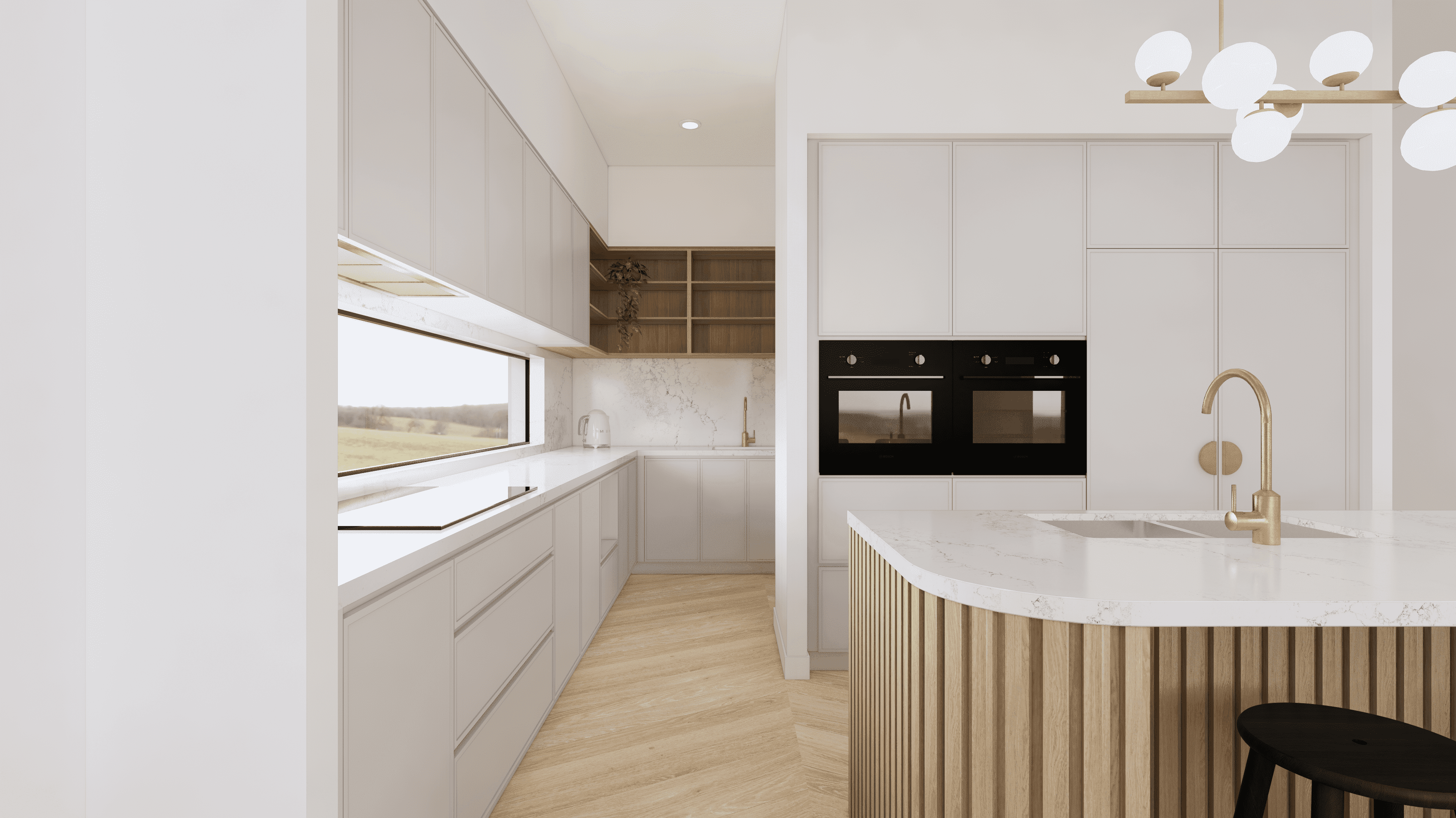 Rendered 3D model image of client kitchen design.