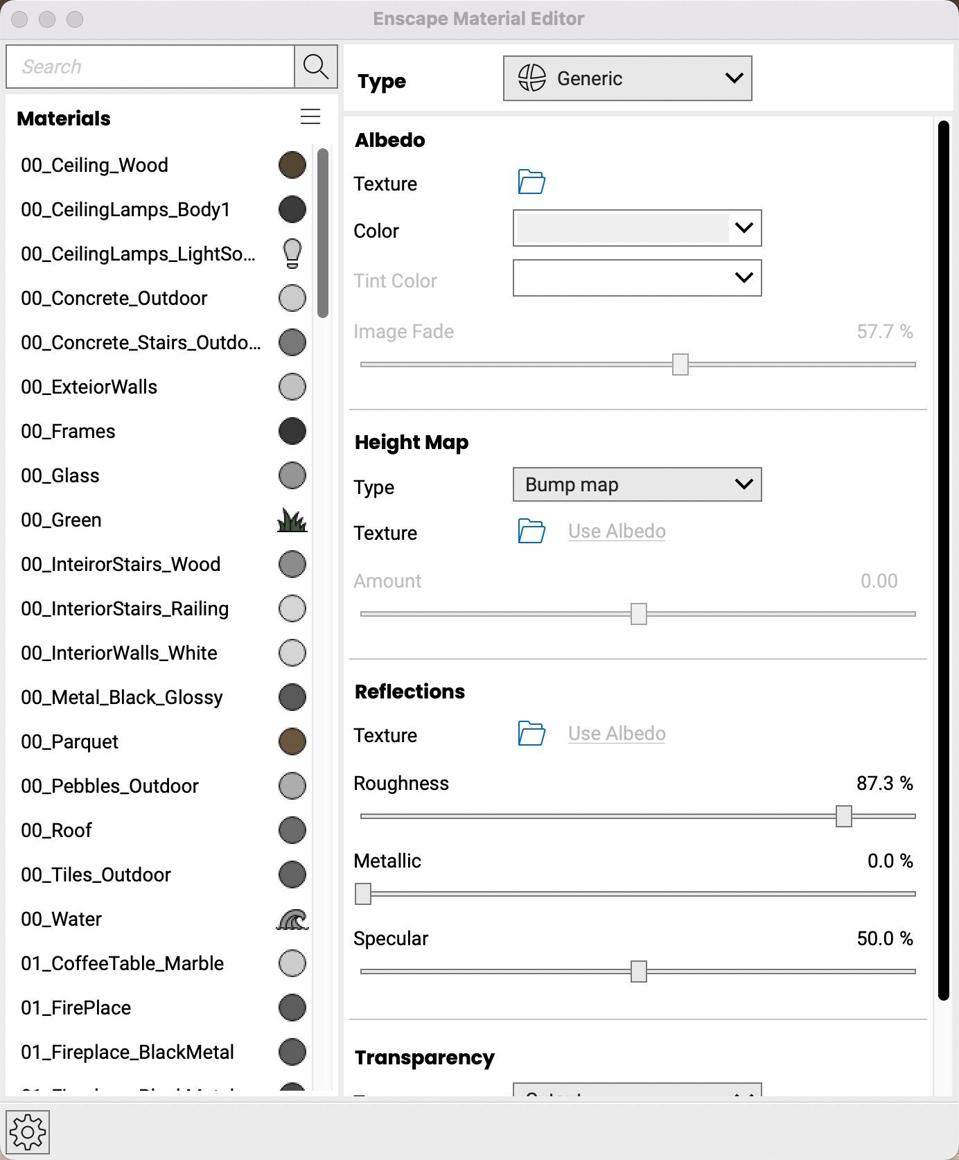 View of Enscape material editor