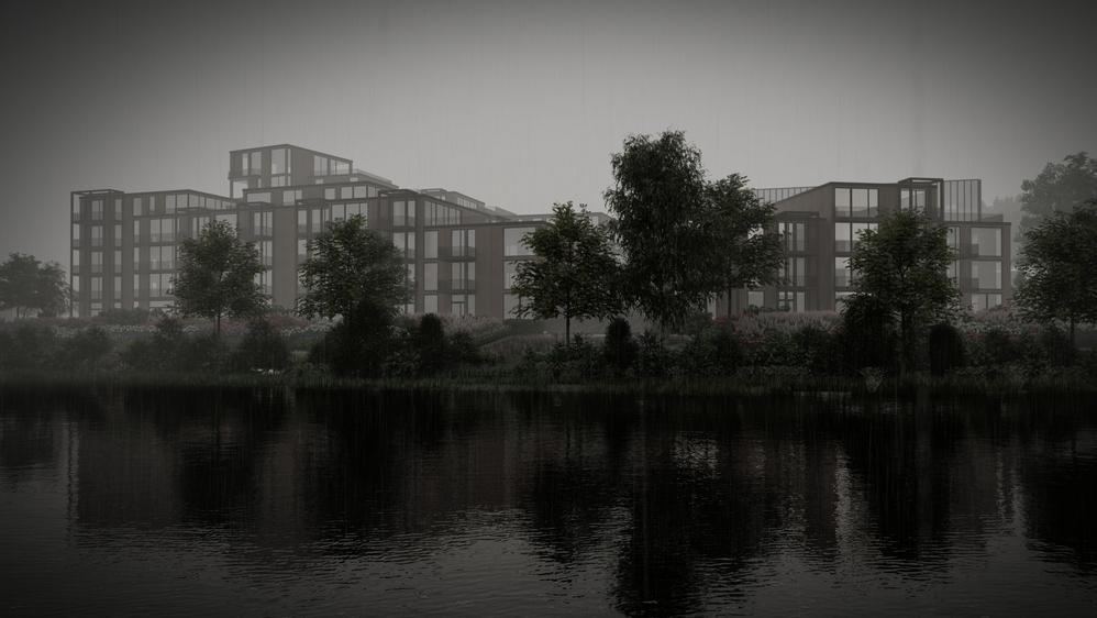 Riverside view of Nesttun development, Bergen