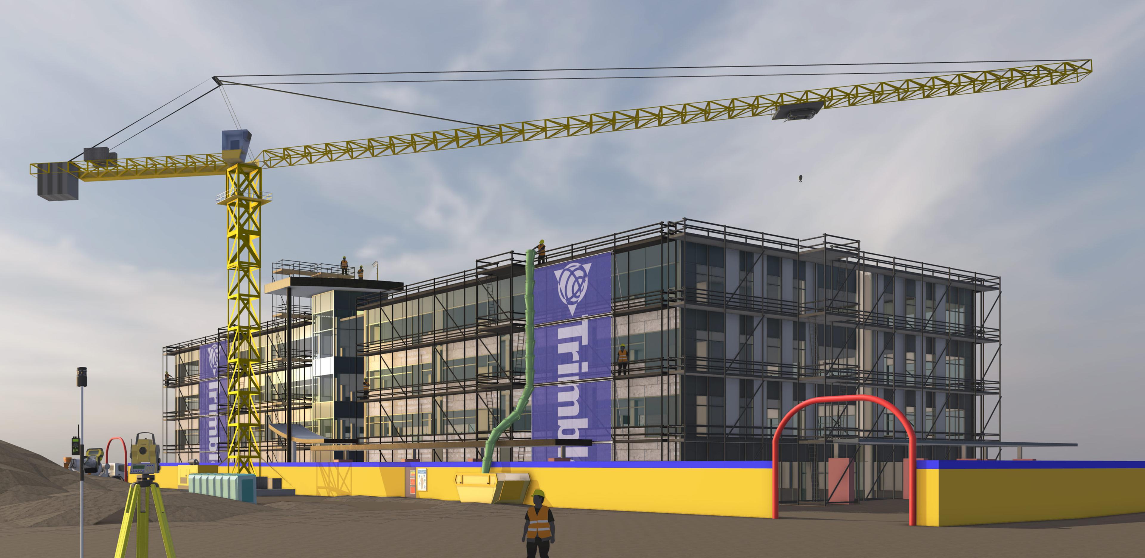 SketchUp still of an imported Revit model showing the exterior of a commercial building under construction with a large yello