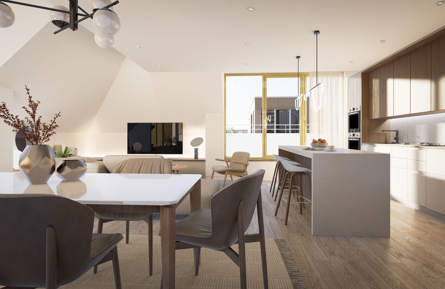 Les Maisons de Maîtres Églantiers, viewing the kitchen and living area in D5