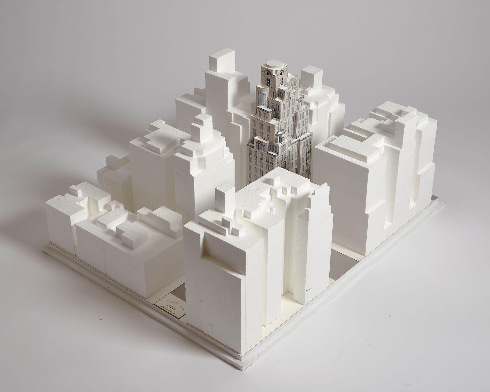 The model is shown in context to the surrounding buildings.