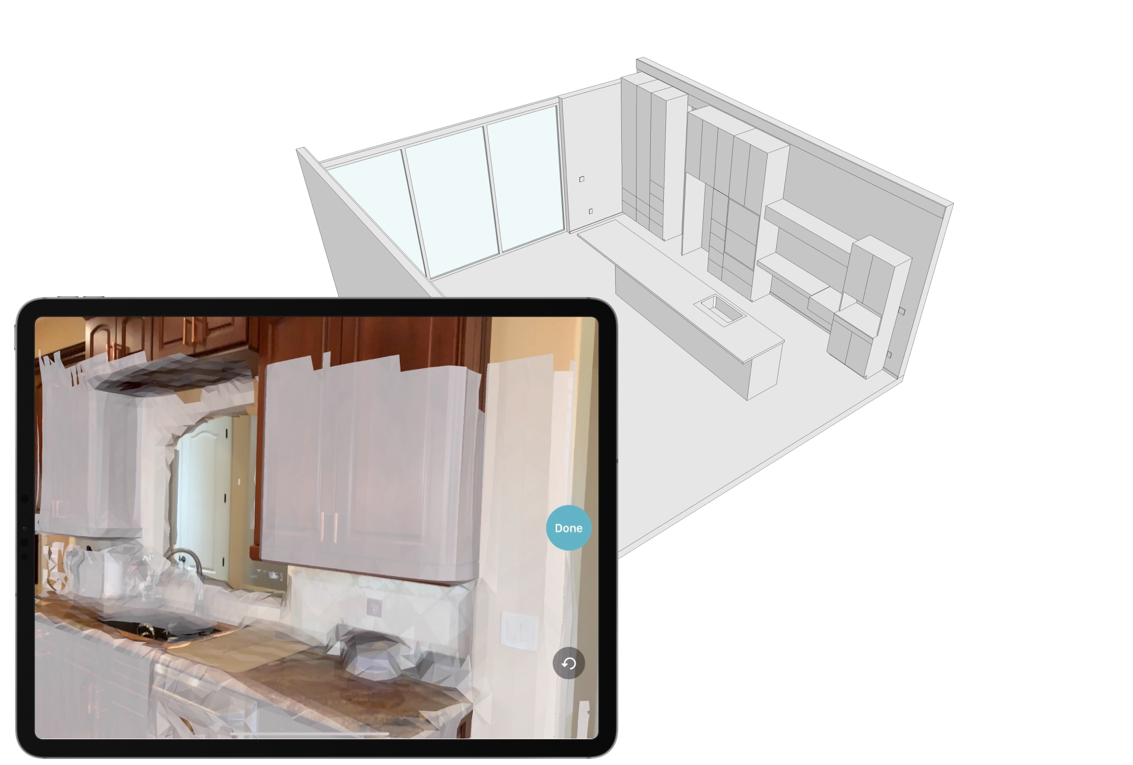 iPad scan of kitchen with 3D model in background
