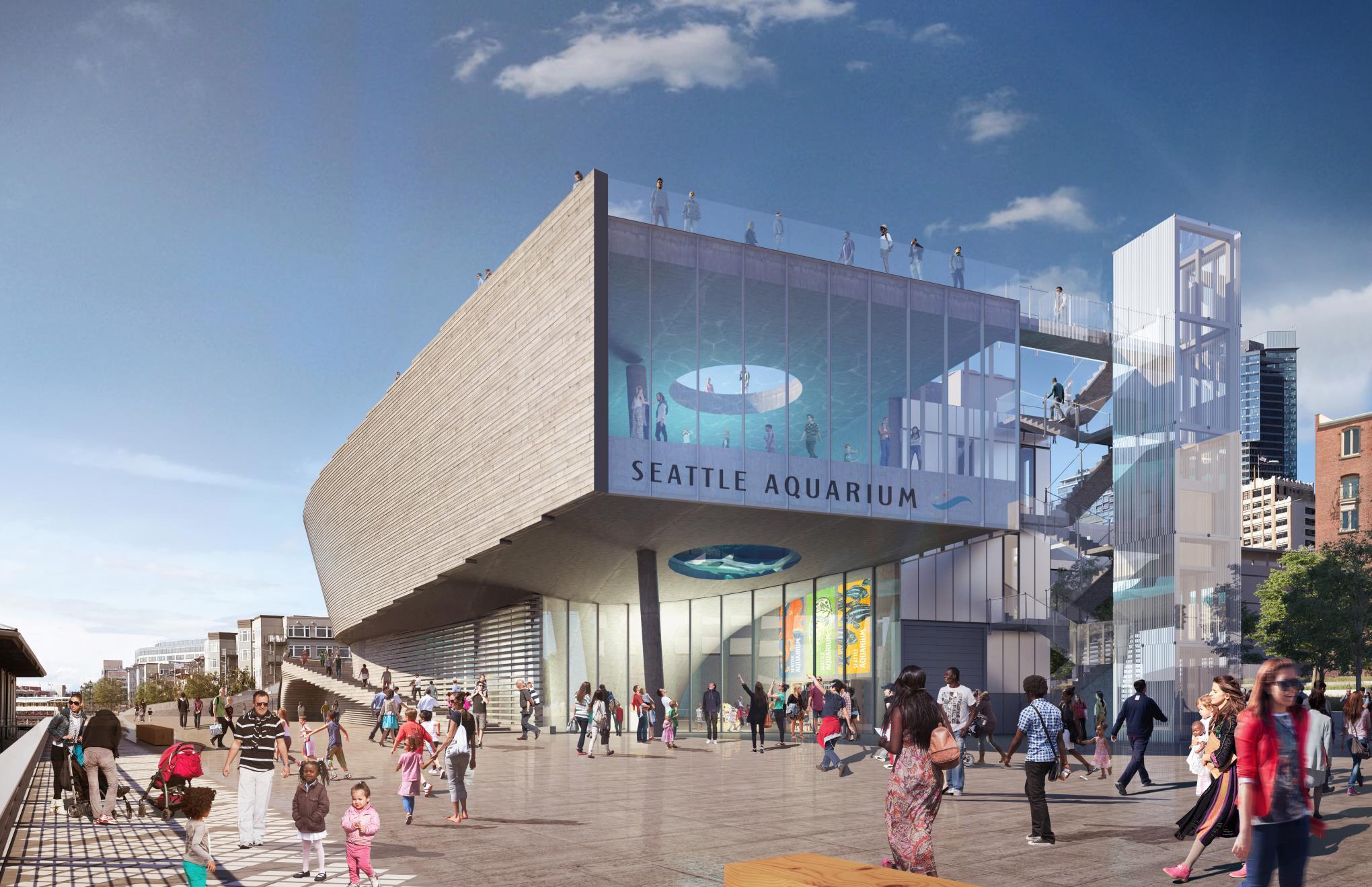 Rendering of Seattle Aquarium project, entrance to the building