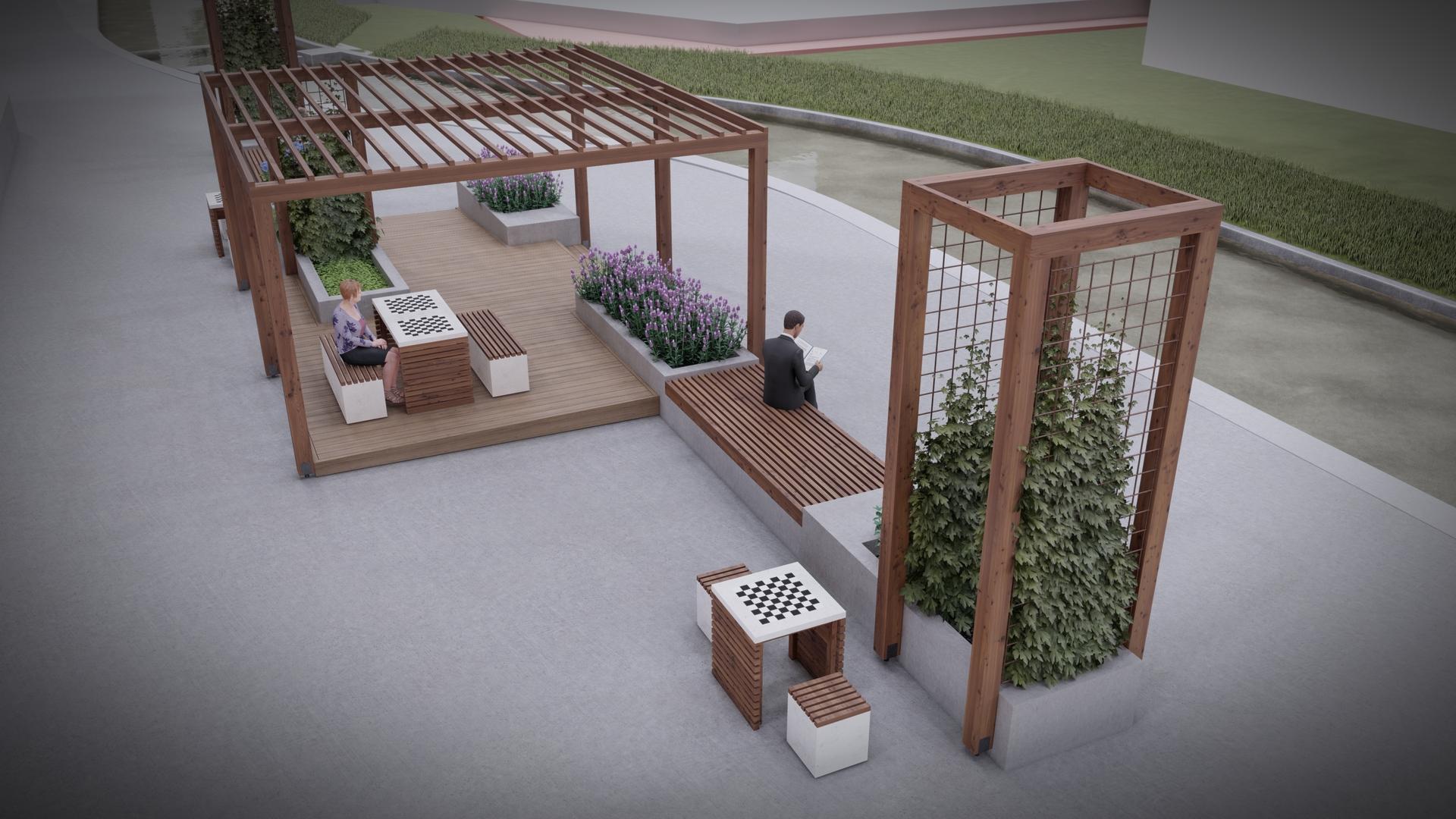 Rendered model showing planters in Kværnerbyen, Oslo, Norway. Courtesy of Ramboll