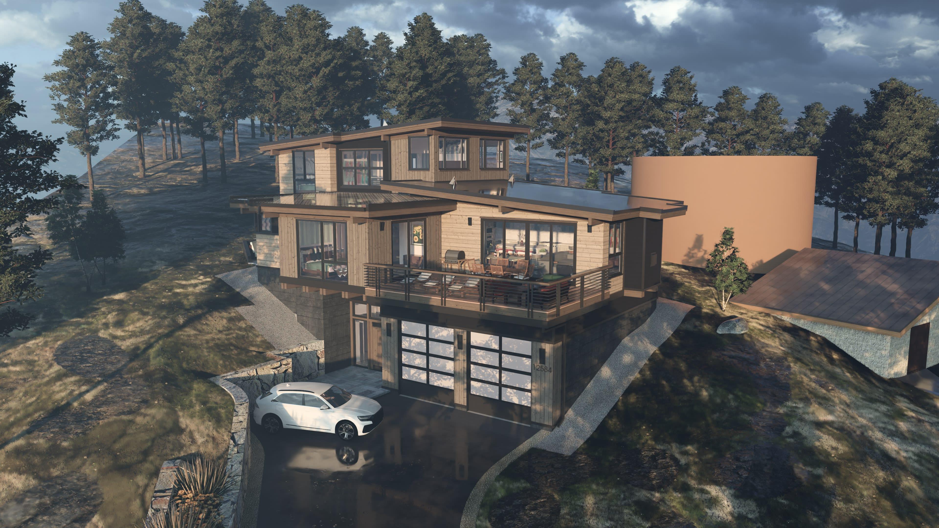 Imagem de uma renderização do SketchUp de uma casa de três andares
