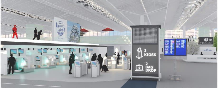Render of an airport kiosk and bag drop area