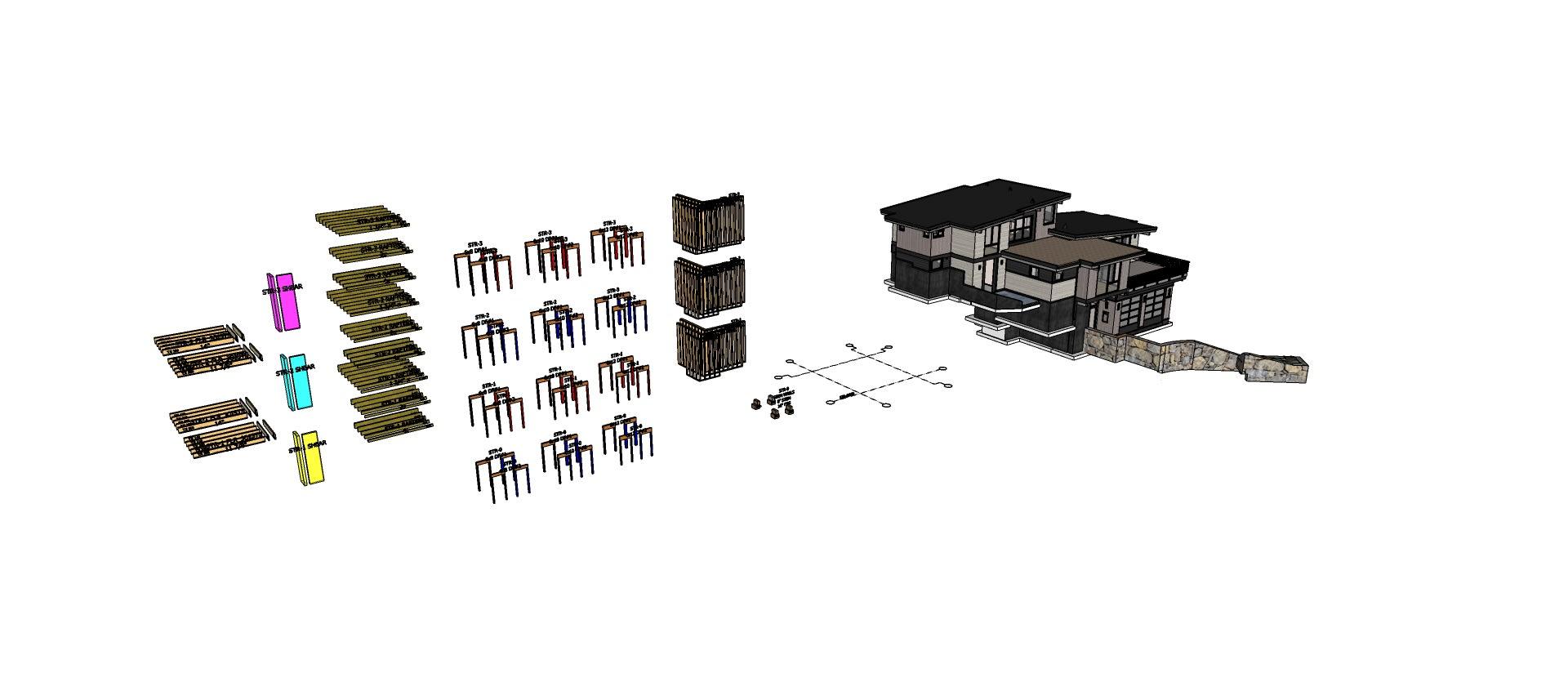 Captura de pantalla de un modelo arquitectónico residencial en SketchUp con componentes de ingeniería que se muestran a un la