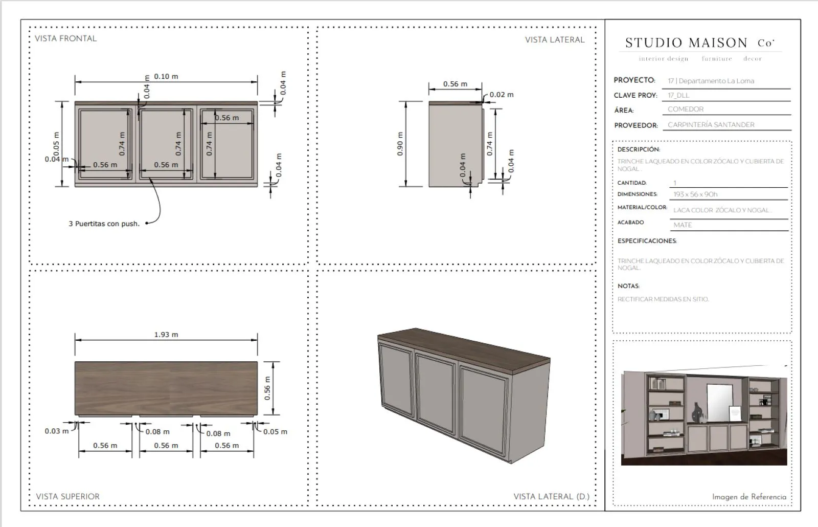 2D documentation showing a custom-built shelf for an interior design.