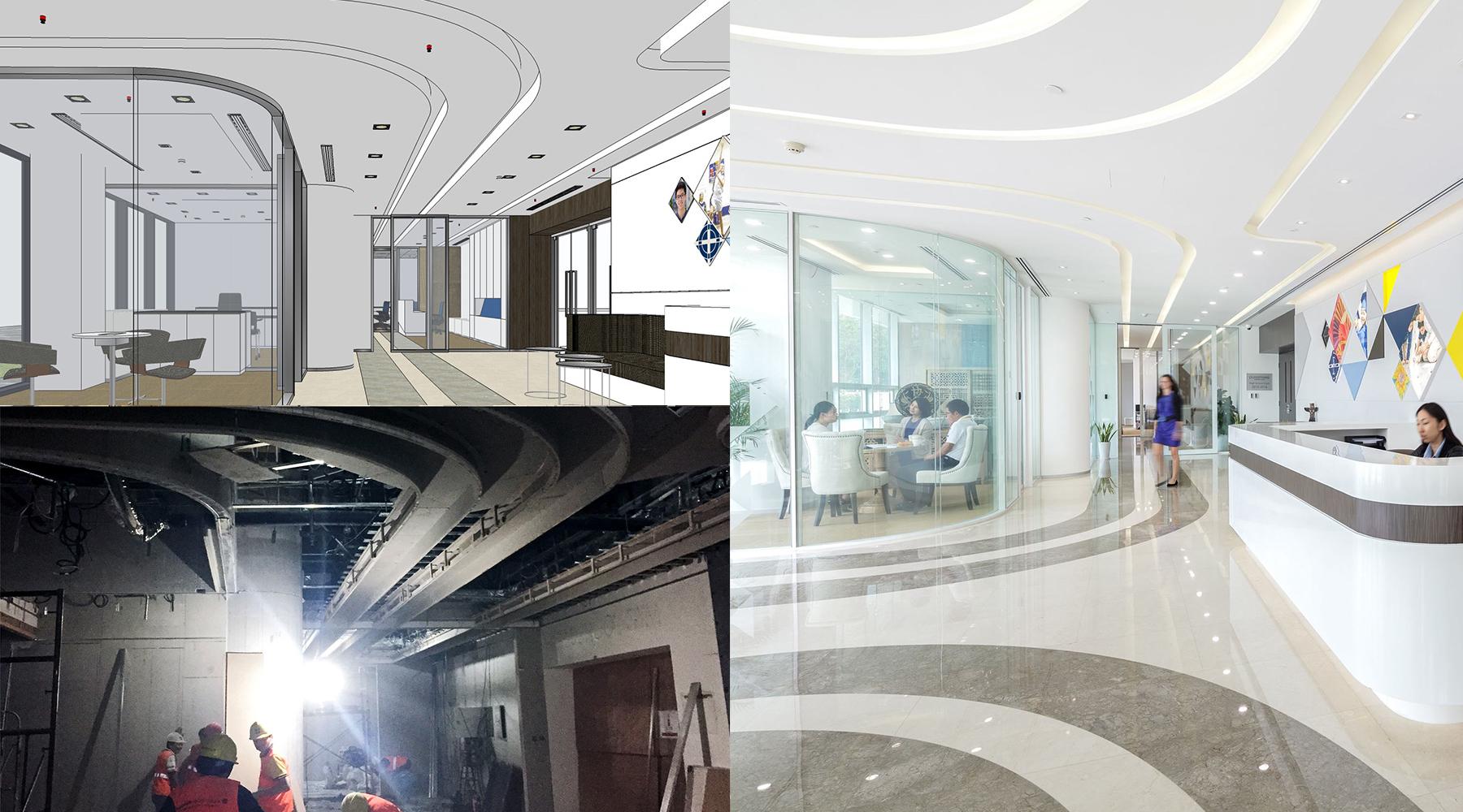Photo collage showing a reception area before, during, and after build